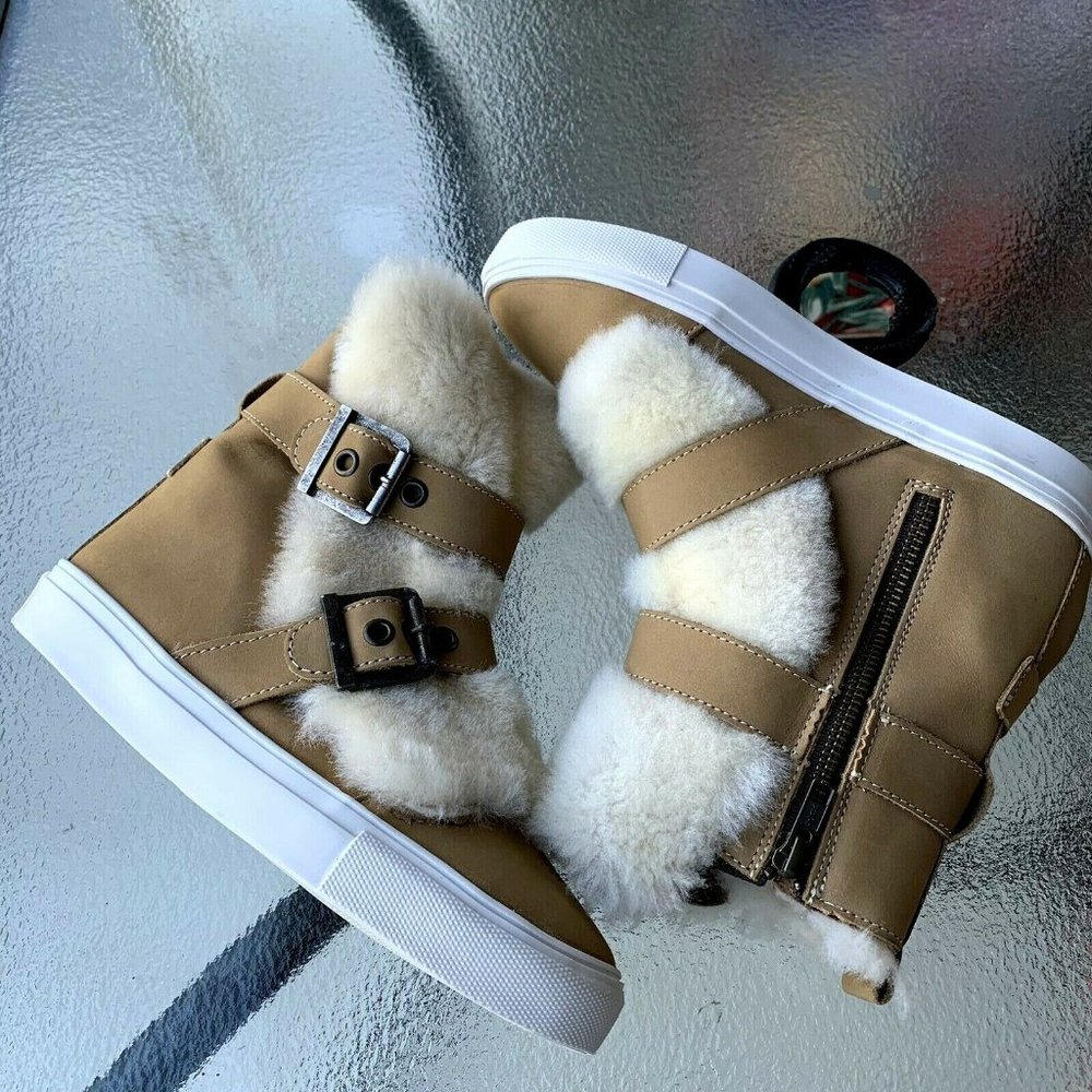 New Luxe De Leon Genuine beige leather shearling zipper boots Size 6,5